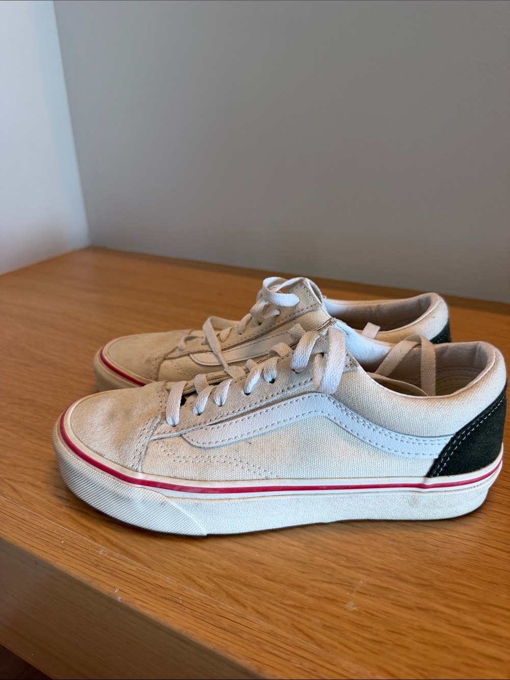 Vans White Canvas Low-Top Sneakers with Black Heel and Red Stripe